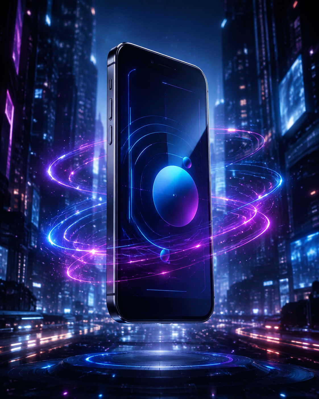 Resultado de un anuncio tridimensional de un teléfono rodeado por energía de neón